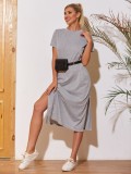 Summer Grey Round Neck Slit Long Shirt Dress