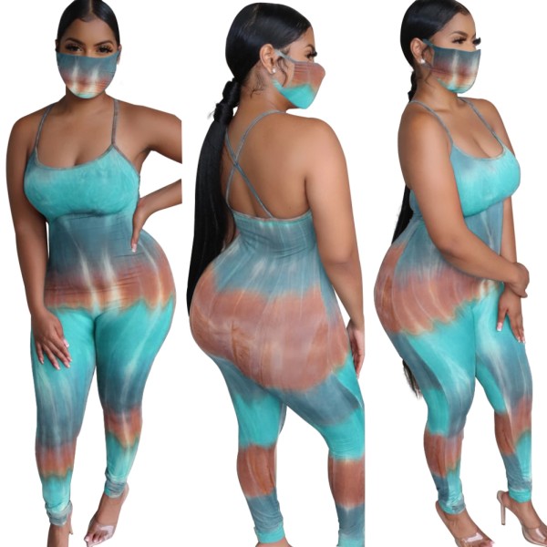 Sexy Tie Dye Strap Bodycon Jumpsuit with Face Cover