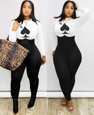 Sexy Poker Print Long Sleeve Bodycon Jumpsuit