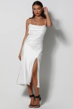 Summer White Elegant Strap Slit Midi Gown