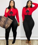 Sexy Poker Print Long Sleeve Bodycon Jumpsuit