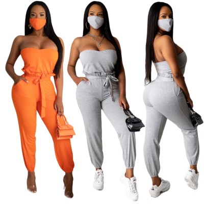 Summer Plain Strapless Shirt and Pants Set with Face Cover