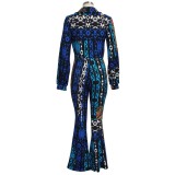 Autumn Print Blue African Fit and Flare Jumpsuit