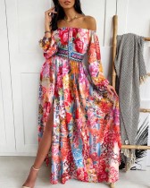 Off Shoulder Elegant Floral Maxi Dress with Sleeves