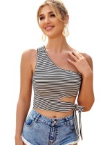 Summer White and Black Striped One Shoulder Crop Top