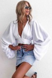 Sexy White Deep-V Crop Top with Puff Sleeves