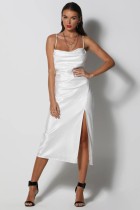 Summer White Elegant Strap Slit Midi Gown