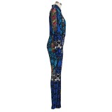 Autumn Print Blue African Fit and Flare Jumpsuit
