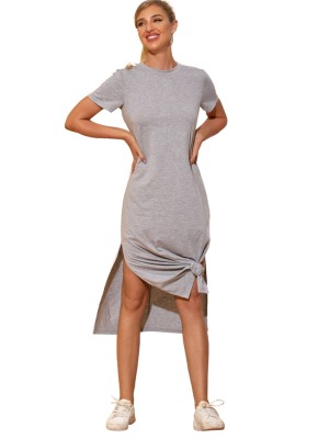 Summer Grey Round Neck Slit Long Shirt Dress