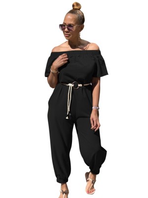 Summer Casual Off Shoulder Plain Jumpsuit with Belt