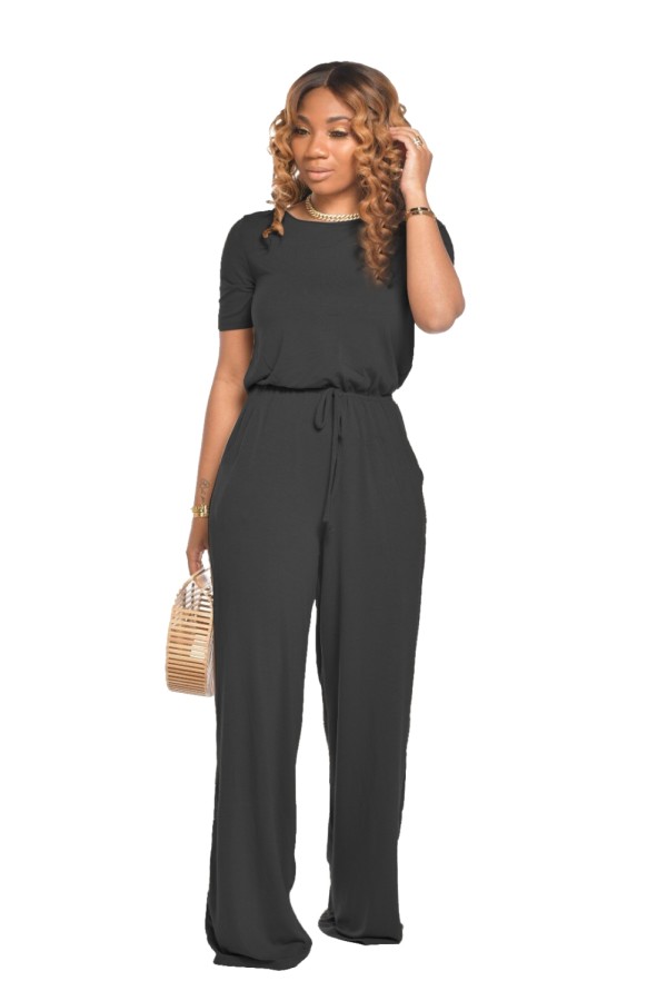 Summer Casual Round Neck Plain Jumpsuit