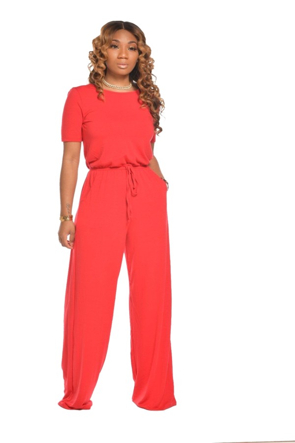 Summer Casual Round Neck Plain Jumpsuit