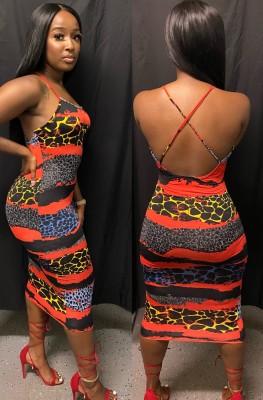 Sexy African Leopard Straps Midi Dress