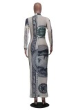 Sexy Dollar Print Long Sleeve Midi Dress