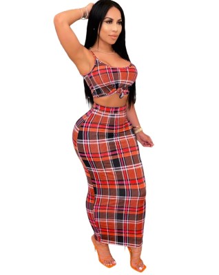 Summer Sexy Plaid Crop Top and Pencil Skirt Set