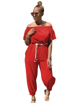 Summer Casual Off Shoulder Plain Jumpsuit with Belt