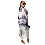 Sexy Dollar Print Long Sleeve Midi Dress