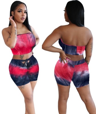 Sexy Tie Dye Strapless Crop Top and Shorts Set