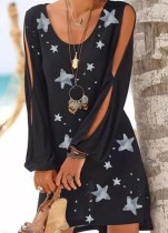 Stars Print Black Mini Dress with Slit Sleeves