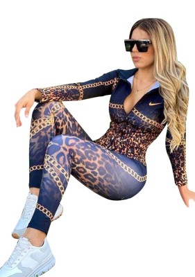 Autumn Sexy Leopard Zipper Shirt and Legging Set