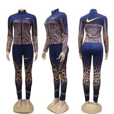 Autumn Sexy Leopard Zipper Shirt and Legging Set