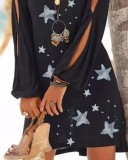 Stars Print Black Mini Dress with Slit Sleeves