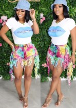 Tie Dye High Waist Tassels Denim Shorts