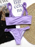 Purple Two Piece Ruffles Plain Swimwear