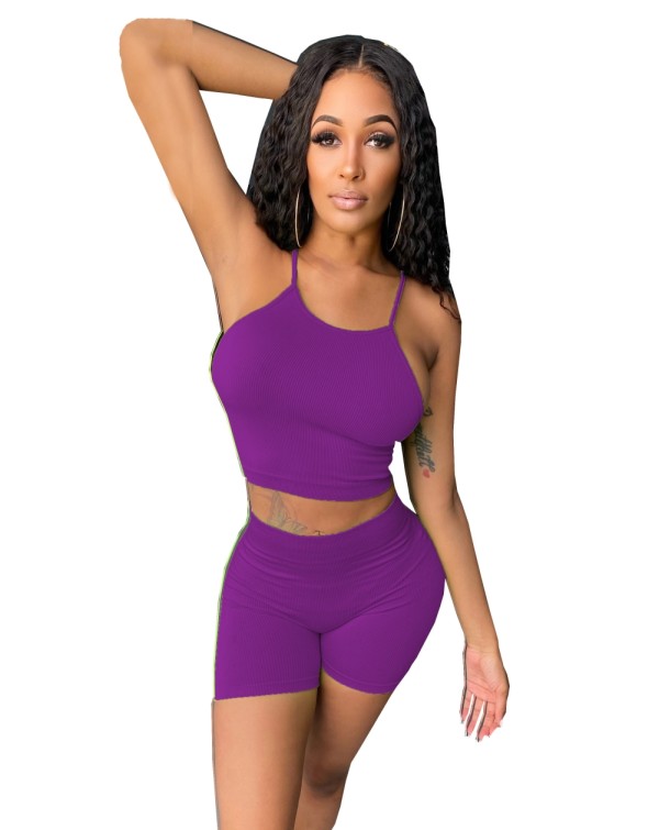 Summer Plain Halter Crop Top and Biker Shorts Set