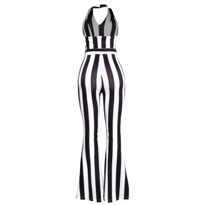 Summer Wide Striped Halter Jumpsuit with Belt