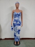 Sexy Tie Dye Strap Midi Dress with Face Cover and Headband