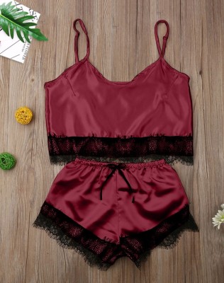 Summer Two Piece Satin Shorts Pajama Set with Lace Trims