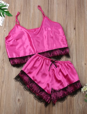 Summer Two Piece Satin Shorts Pajama Set with Lace Trims