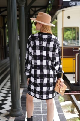 Fall White and Black Plaid Knitted Dress