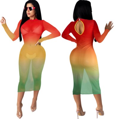 Sexy Gradient Midi Dress with Full Sleeves