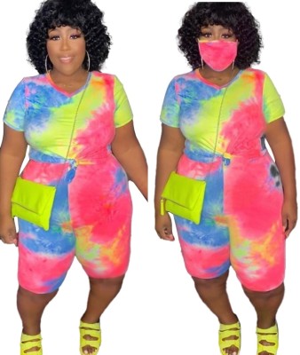Plus Size Summer Tie Dye Two Piece Shorts Set with Face Cover
