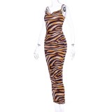 Sexy Tiger Print Strap Midi Dress