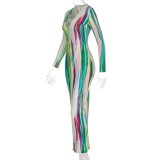 Fall Tie Dye V-Neck Midi Dress with Full Sleeves