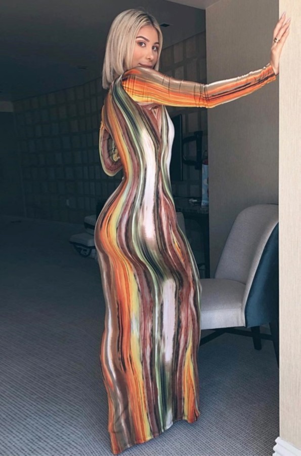 Fall Tie Dye V-Neck Midi Dress with Full Sleeves