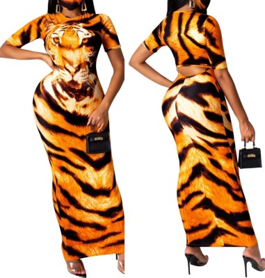 Summer African Tiger Print Midi Dress