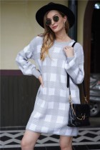 Fall White and Grey Plaid Knitted Dress