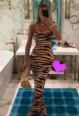 Sexy Tiger Print Strap Midi Dress