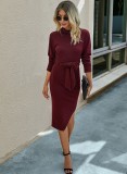 Autumn Plain Irregular Slim Dress with Belt