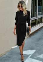 Autumn Plain Irregular Slim Dress with Belt