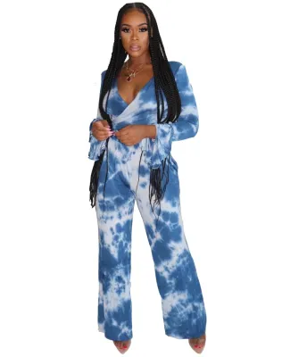 Fall Tie Dye Wrapped Jumpsuit with Wide Cuffs