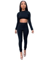 Fall Plain Knitted Crop Top and High Waist Legging Set