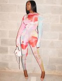 Long Sleeve Tie Dye Bodycon Jumpsuit