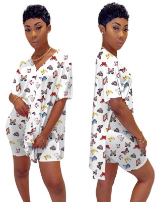 Summer Butterfly Print Two Piece Shorts Set