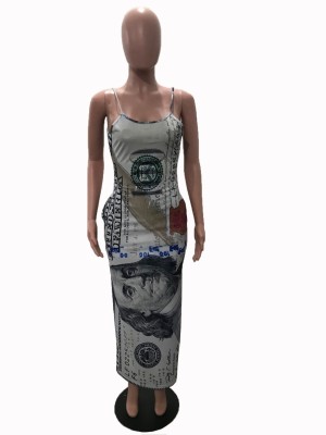 Summer Dollar Print Strap Long Dress
