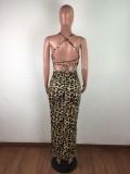 Leopard Print Slit Halter Long Party Dress